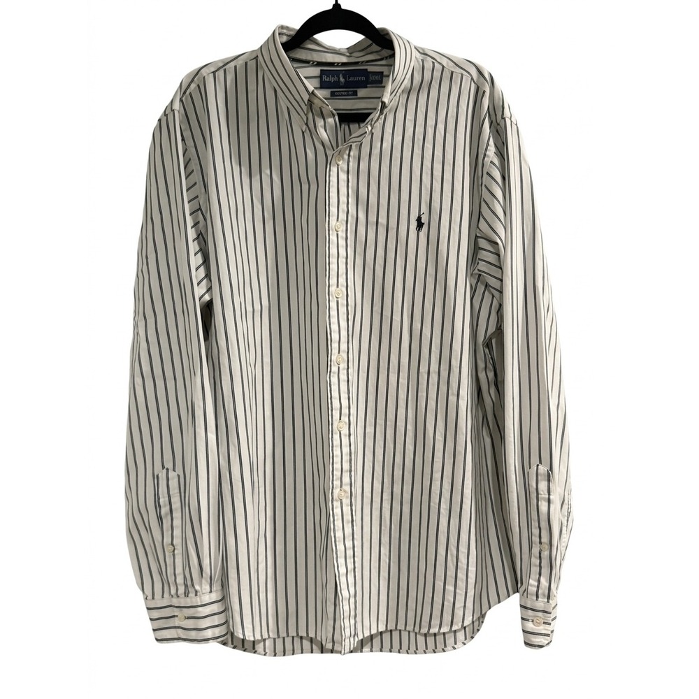Ralph Lauren Mens XXL Custom Fit Striped Button Down Shirt White Navy Blue